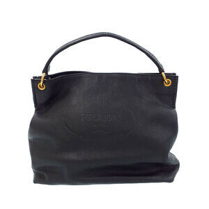 Prada Vitello Phenix Black Leather Embossed Logo Hobo Tote Bag
